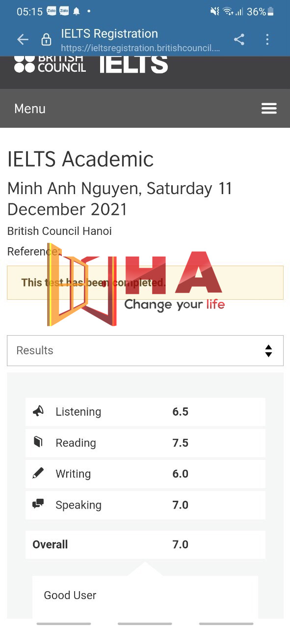 Thành tích học viên Nguyễn Minh Anh đạt 7.0 IELTS