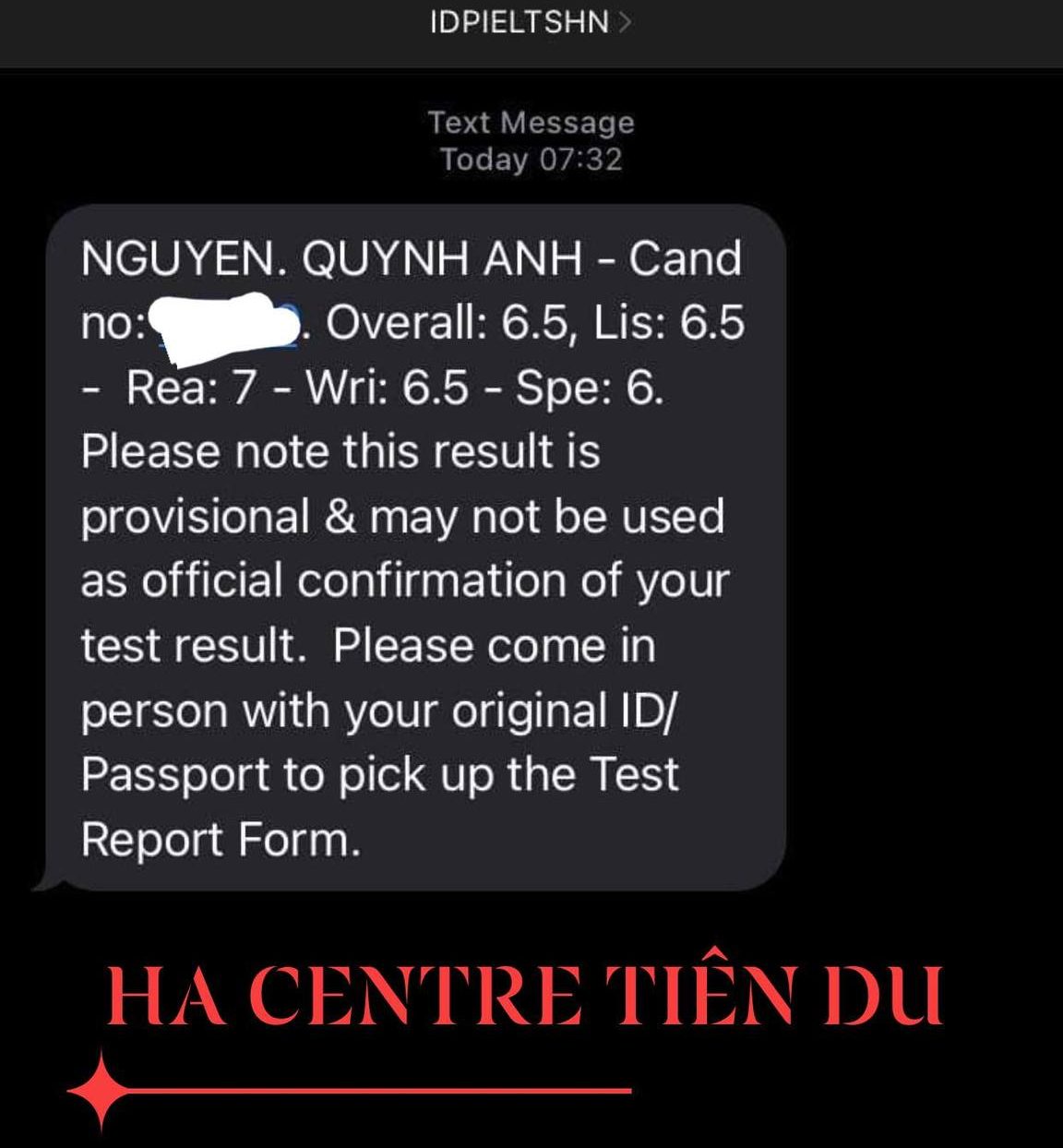 Kết quả hv Nguyễn Quỳnh Anh đạt 6.5 IELTS