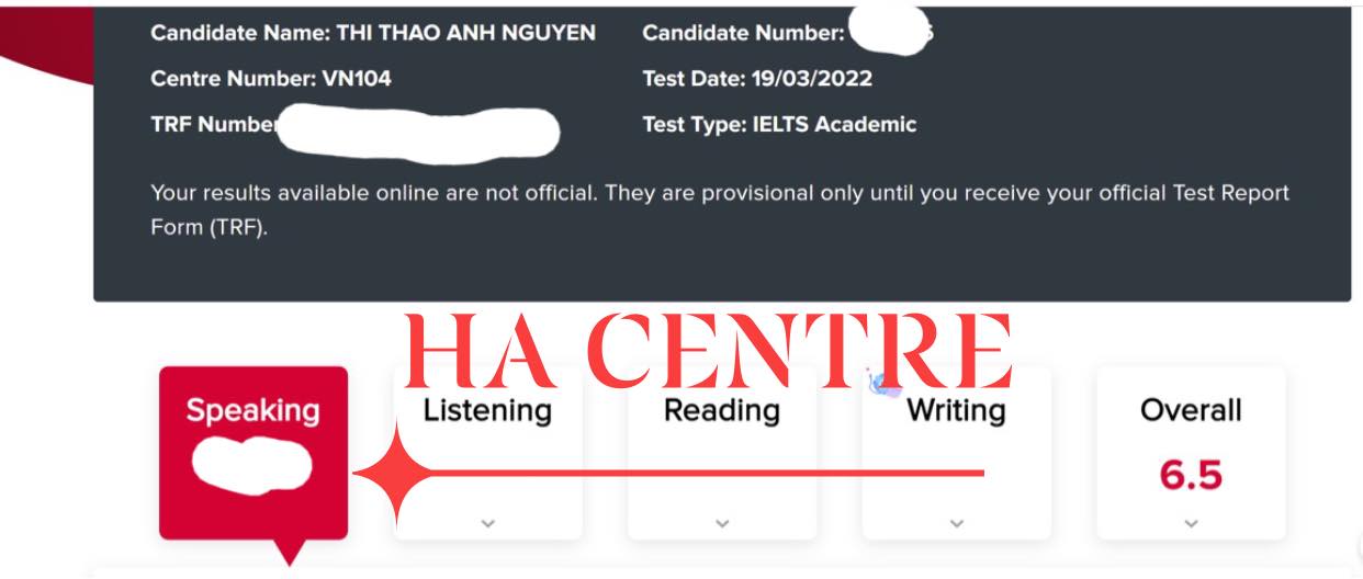 Kết quả hv Nguyễn Thị Thảo Anh đạt 6.5 IELTS