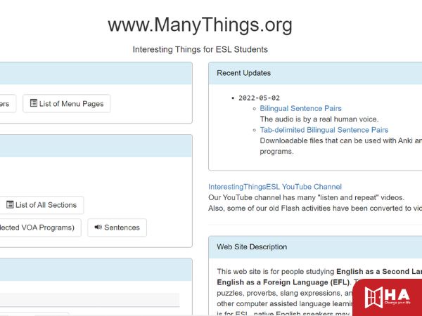 Trang web Manythings Web học từ vựng IELTS miễn phí