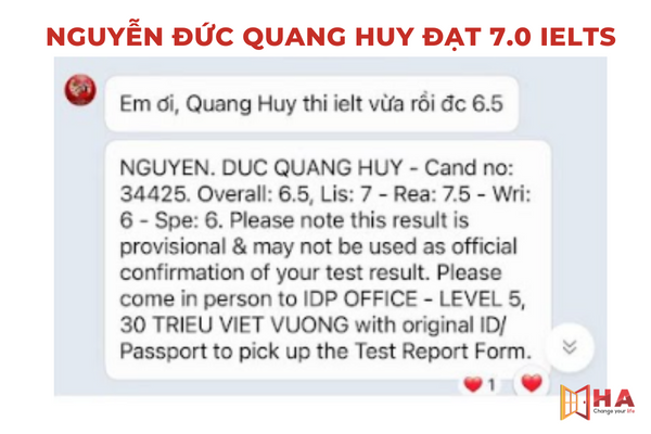 kết quả Nguyễn Đức Quang Huy xuất sắc đạt 6.5 IELTS