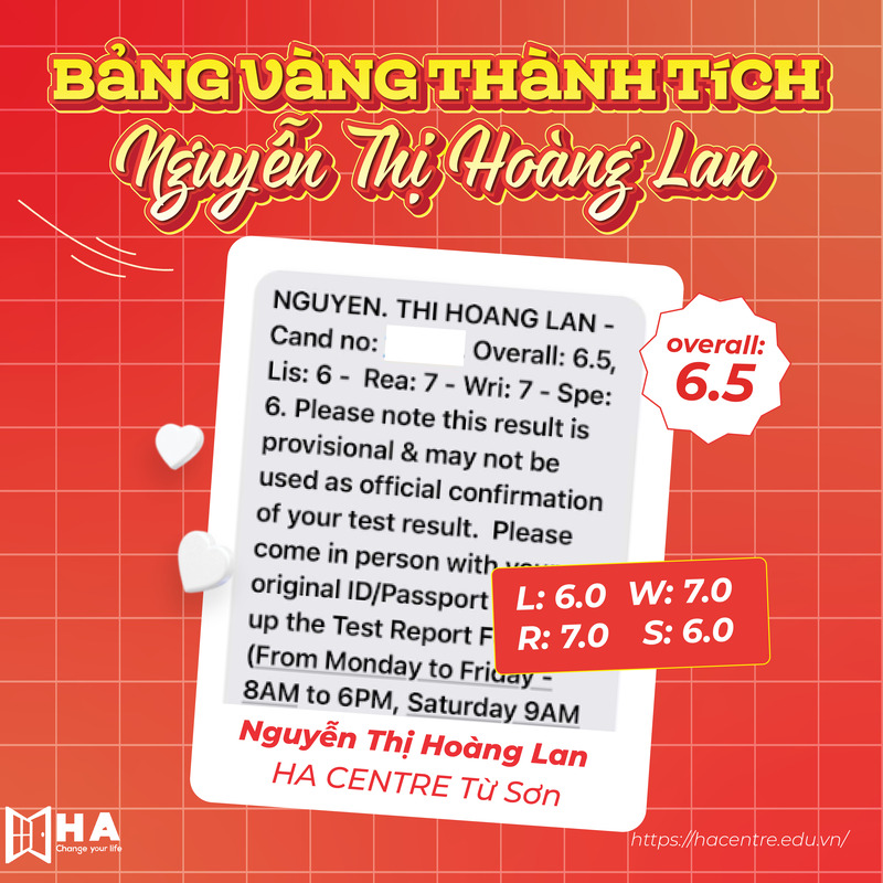 Chúc mừng bạn Nguyễn Thị Hoàng Lan chinh phục 6.5 IELTS