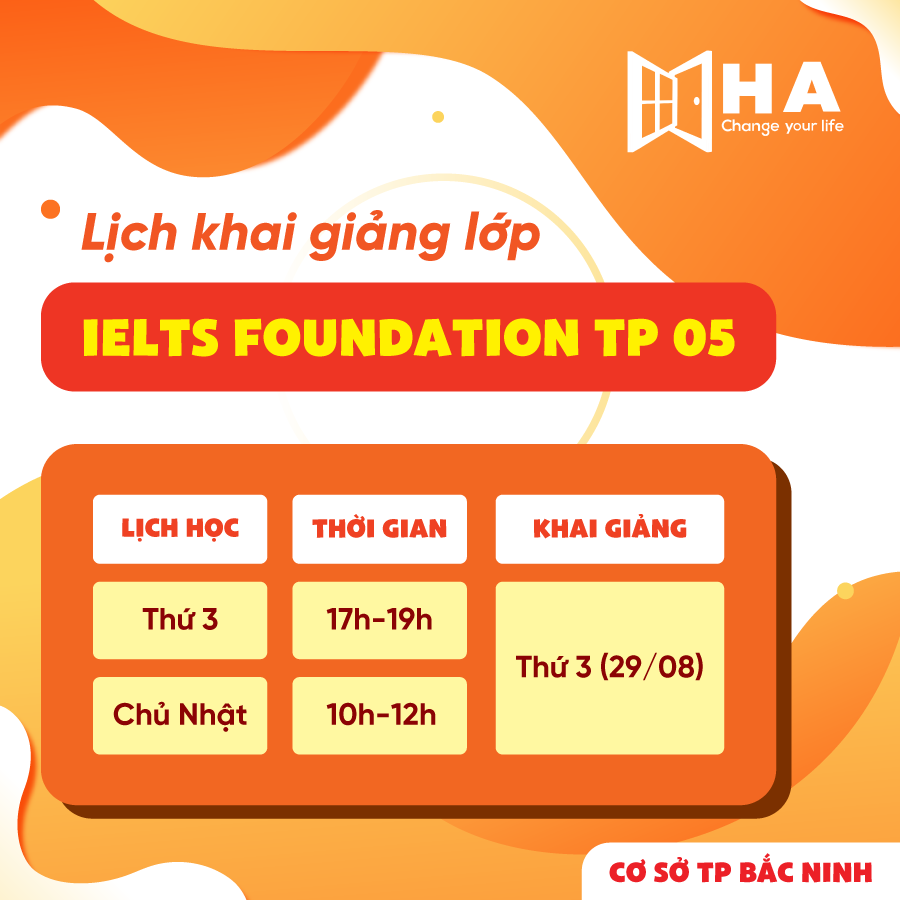 Lịch lớp IELTS Foundation TP 05 - Cơ sở TP Bắc Ninh