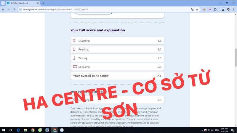 Học viên HA Từ Sơn thi IELTS ngày 27/7 đạt 7.5 Overall