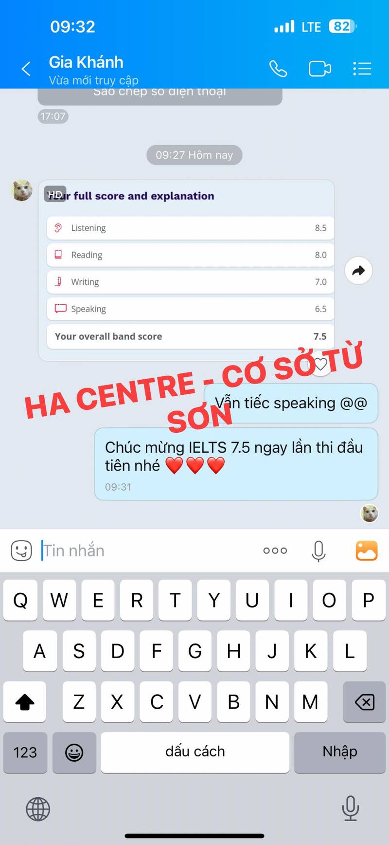 Học viên HA Từ Sơn thi IELTS ngày 27/7 đạt 7.5 Overall