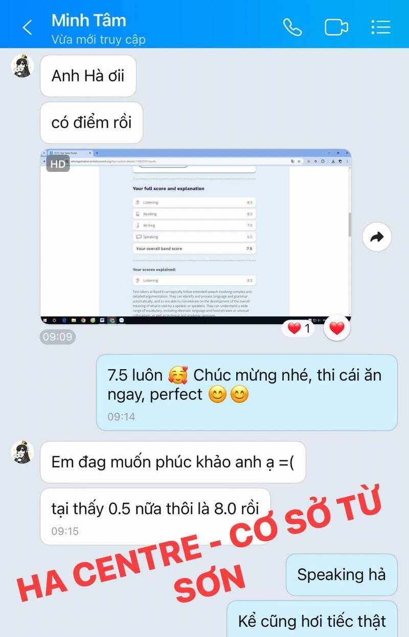 Học viên HA Từ Sơn thi IELTS ngày 27/7 đạt 7.5 Overall